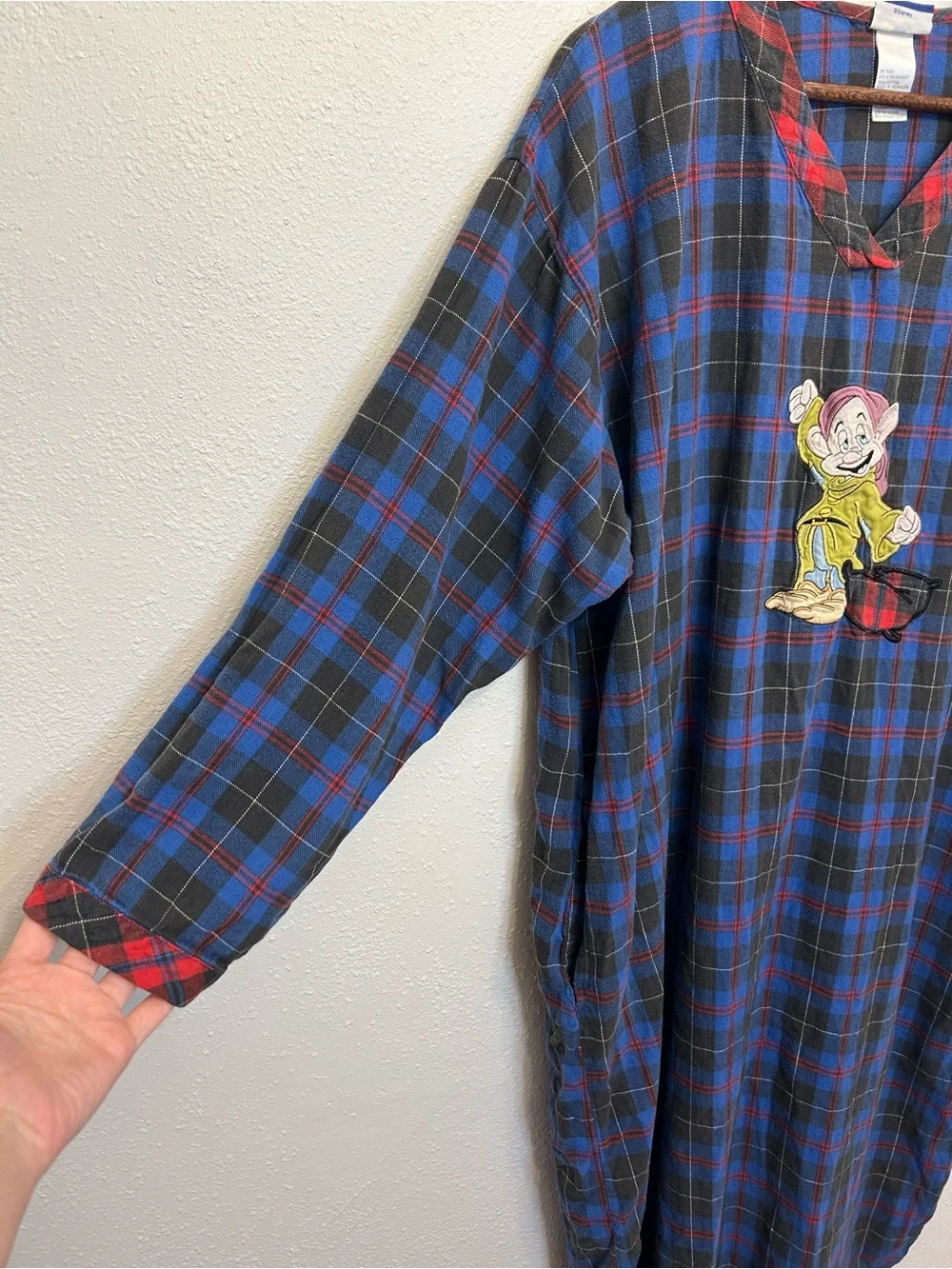 Vintage Disney Dopey Embroidered Blue/Red Plaid Long Sleeve Flannel Nightgown - Picture 2 of 7